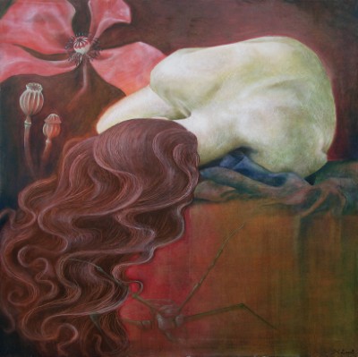 Acrylbild einer schlafenden weiblichen Figur mit langen wallenden Haaren, in warmen Rot und Grüntönen, 
      im Hintergrund eine Mohnblüte 